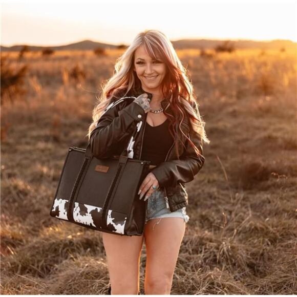 COPY - Western Cow Print Tote Bag: Designer Top Handle Purse for Women - Picture 3 of 7